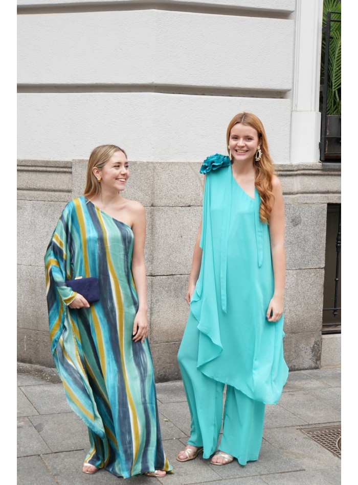 Guest gauze jumpsuit with one sleeve and neck tie