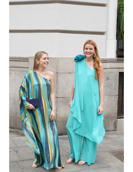 Guest gauze jumpsuit with one sleeve and neck tie