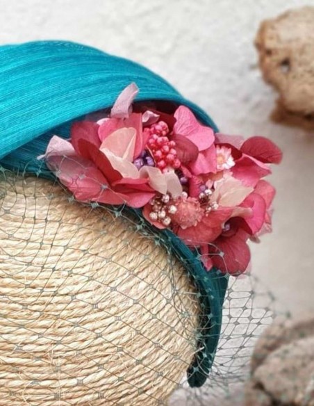Turquoise headband with preserved flowers  for parties