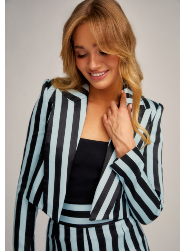 Tailored black and light blue striped jacket with tuxedo collar