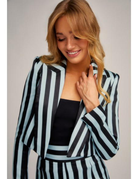 Tailored black and light blue striped jacket with tuxedo collar