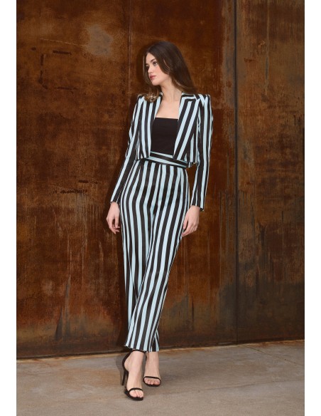 Chaqueta sastre de rayas negro y celeste con cuello smoking para eventos