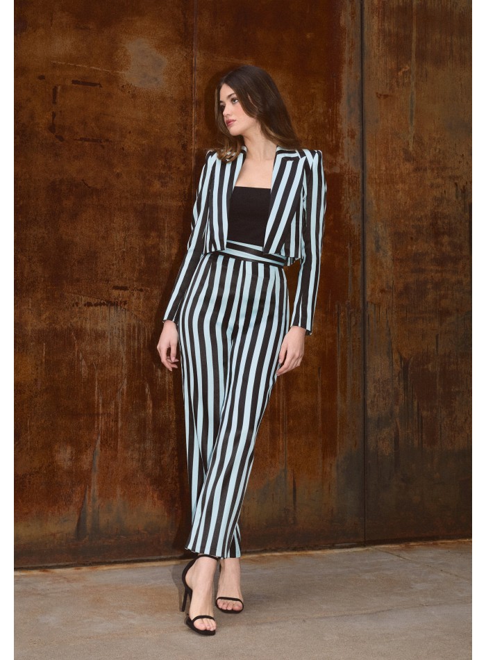 Pantalon droit noir et bleu clair avec taille haute et large ceinture