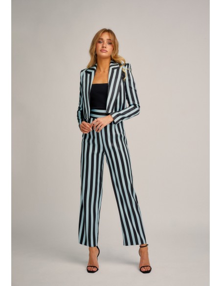 Pantalon droit noir et bleu clair avec taille haute et large ceinture