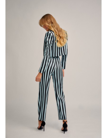 Black and light blue high-waist straight pants with wide waistband