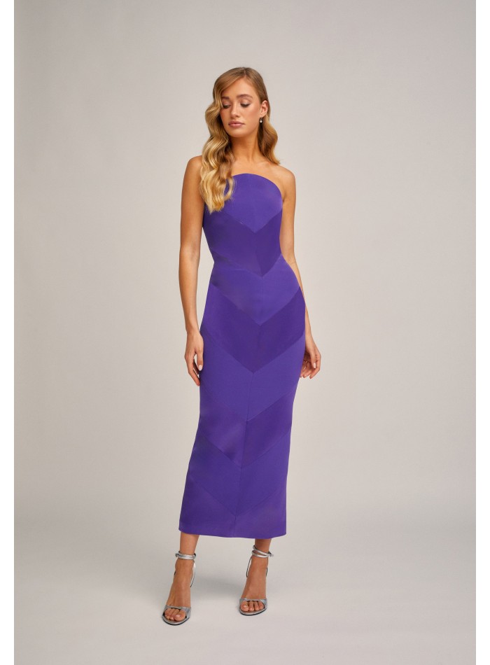 Strapless purple midi dress with curved neckline
