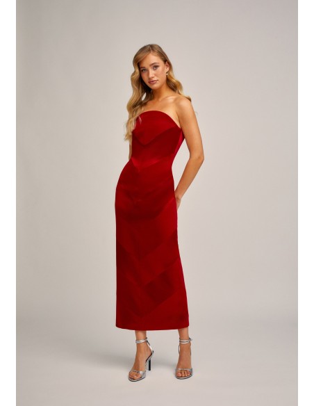 Vestido midi rojo en triacetato palabra de honor con escote curvo para eventos
