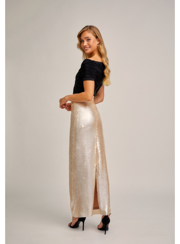Straight beige sequined skirt with back slit