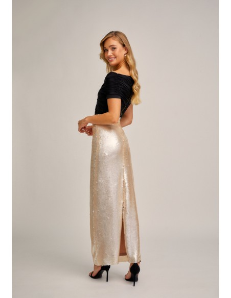 Falda recta beige de lentejuelas con abertura trasera para eventos especiales