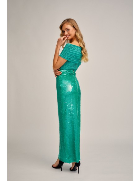 Jupe droite pailletée vert turquoise avec fente au dos