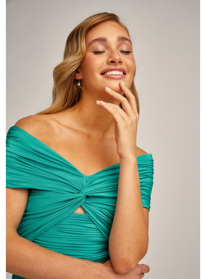 Turquoise green top with draped bardot neckline...