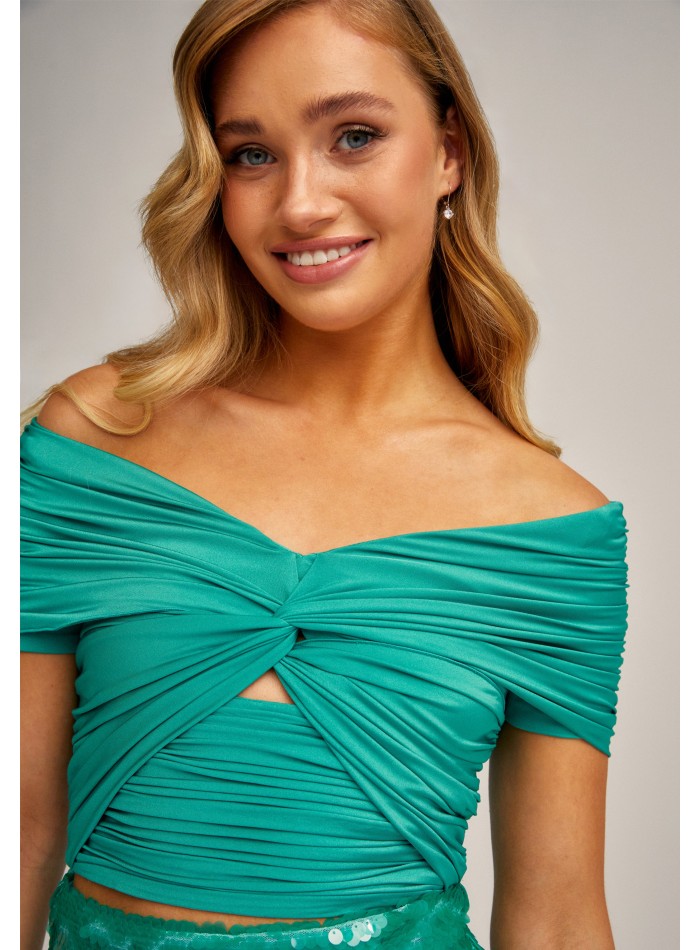 Turquoise green top with draped bardot neckline...