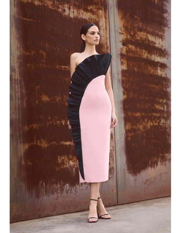 Pink and black strapless midi dress with taffeta flounce 2