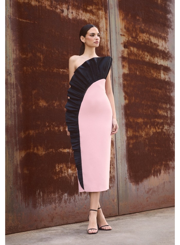 Pink and black strapless midi dress with...