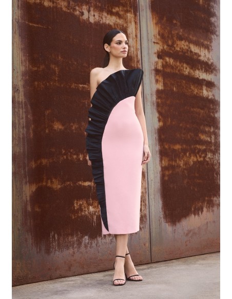 Robe midi à bretelles rose et noire avec volant de taffetas