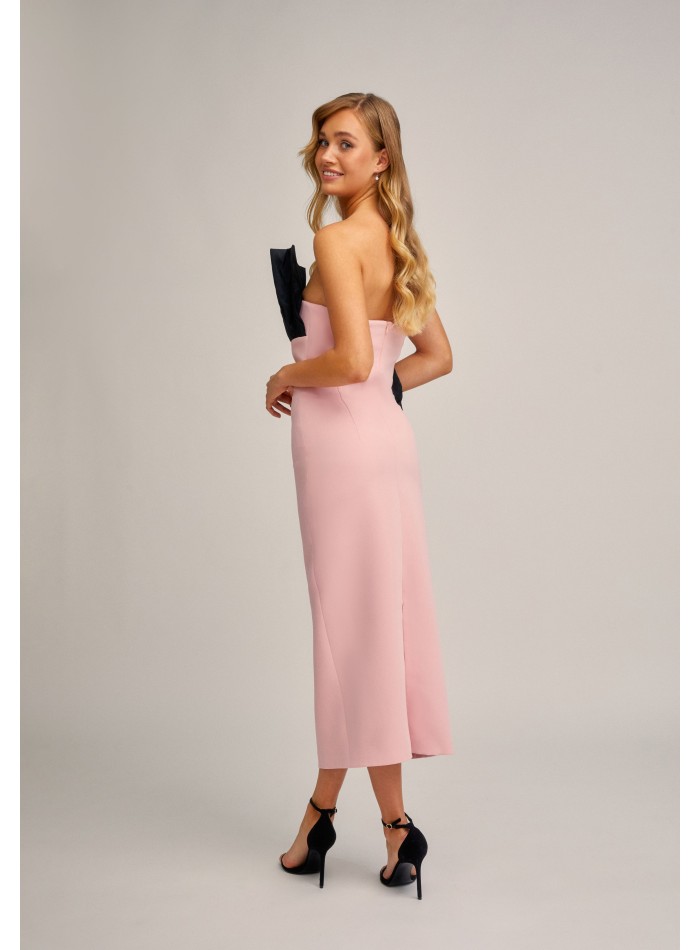 Pink and black strapless midi dress with...