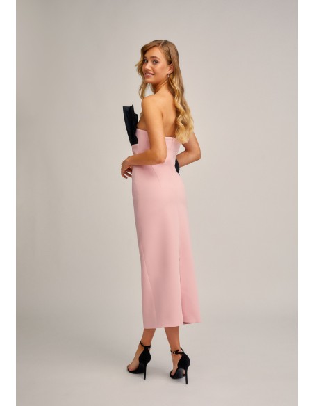 Pink and black strapless midi dress with taffeta flounce