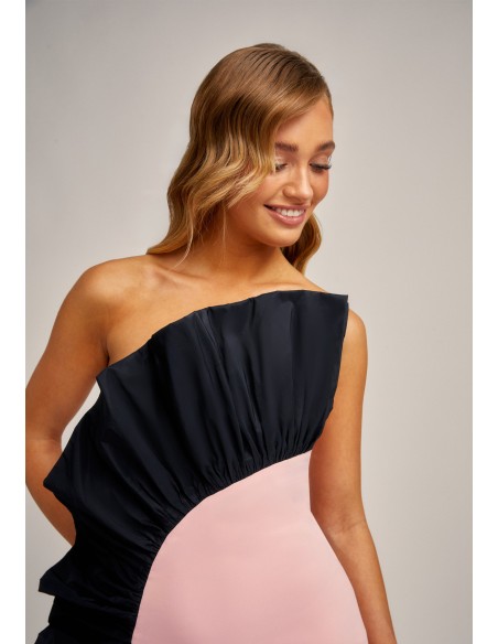 Pink and black strapless midi dress with taffeta flounce