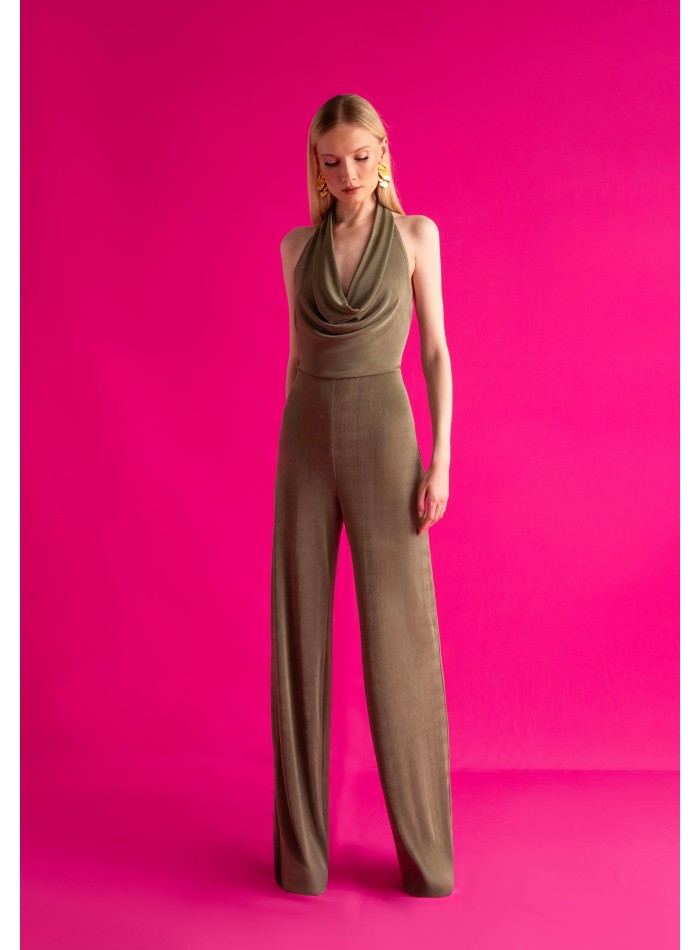 Long jumpsuit with draped halter neckline and...