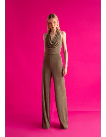 Long jumpsuit with draped halter neckline and open back