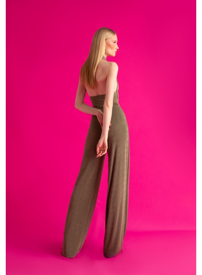 Long jumpsuit with draped halter neckline and...