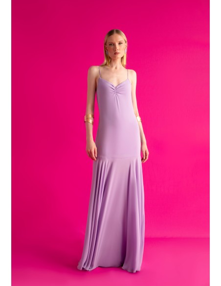 Long lilac strapless dress with ruffled neckline and cape skirt