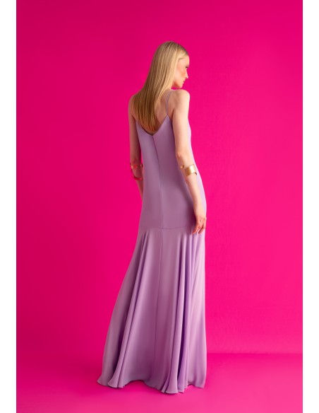 Long lilac strapless dress with ruffled neckline and cape skirt