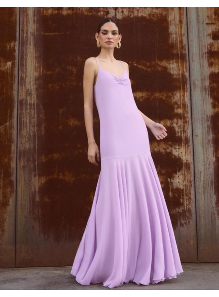 Longue robe lilas sans bretelles avec encolure froncée et jupe cape
