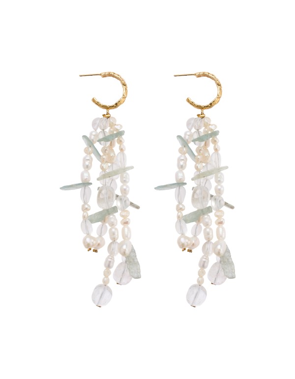 Aros dorados con perlas y piedra aguamarina