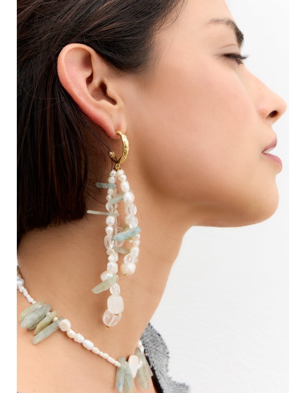 Aros dorados con perlas y piedra aguamarina 2