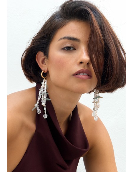 Gold earrings with pearls and aquamarine stone