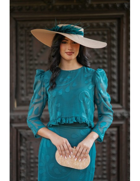 Petrol guest ensemble in brocade chiffon with flounce