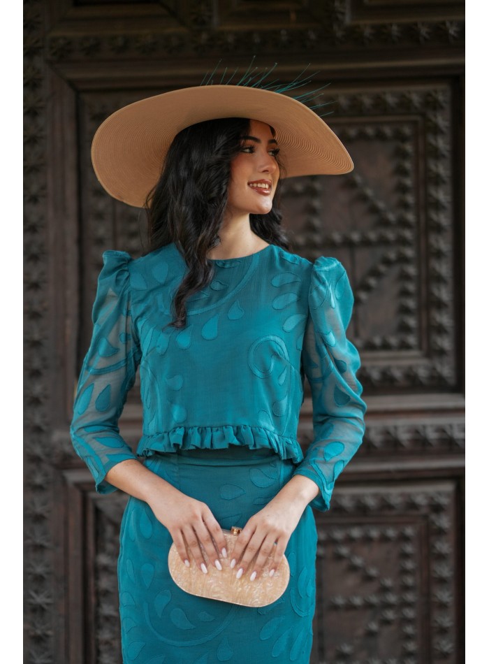 Petrol guest ensemble in brocade chiffon with...