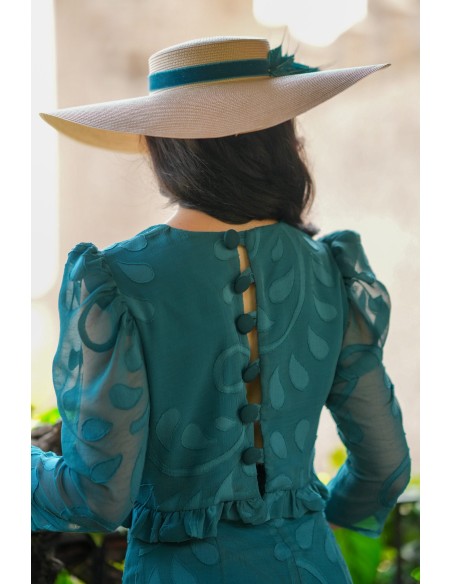 Petrol guest ensemble in brocade chiffon with flounce