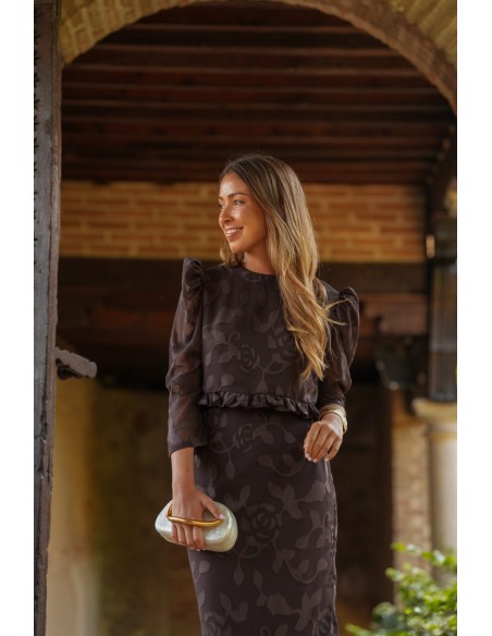 Ensemble jupe et top crop en mousseline de brocart brun chocolat