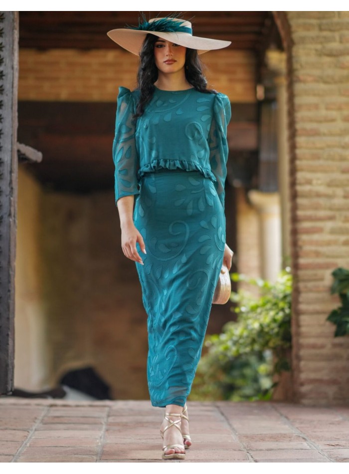 Petrol guest ensemble in brocade chiffon with flounce