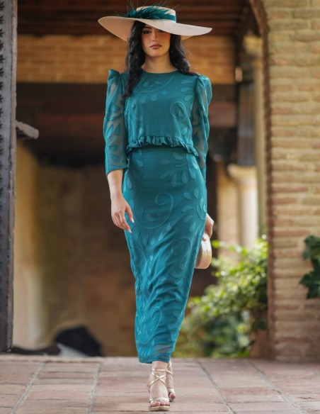 Petrol guest ensemble in brocade chiffon with flounce