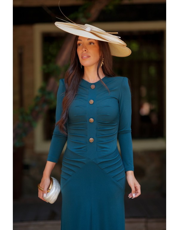Draped petroleum draped midi guest dress with buttons 2