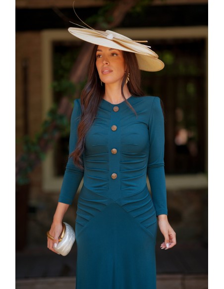 Robe midi d'invité drapée pétrole avec fermetures à boutons