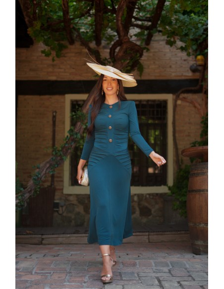 Draped petroleum draped midi guest dress with buttons