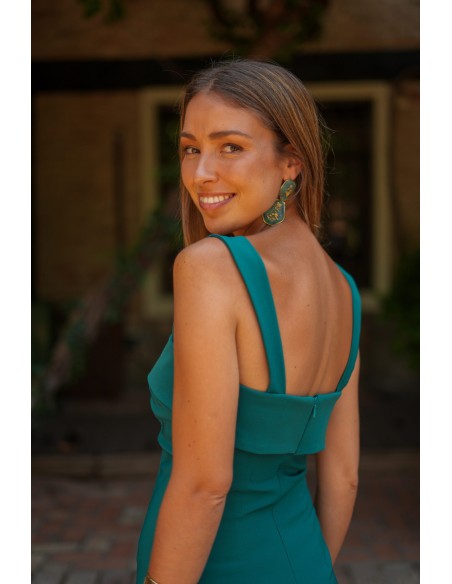 Vestido largo petróleo con falda de gasa y mangas desmontables para ocasiones especiales Vestido largo petróleo con falda de gasa y mangas desmontables para ocasiones especiales