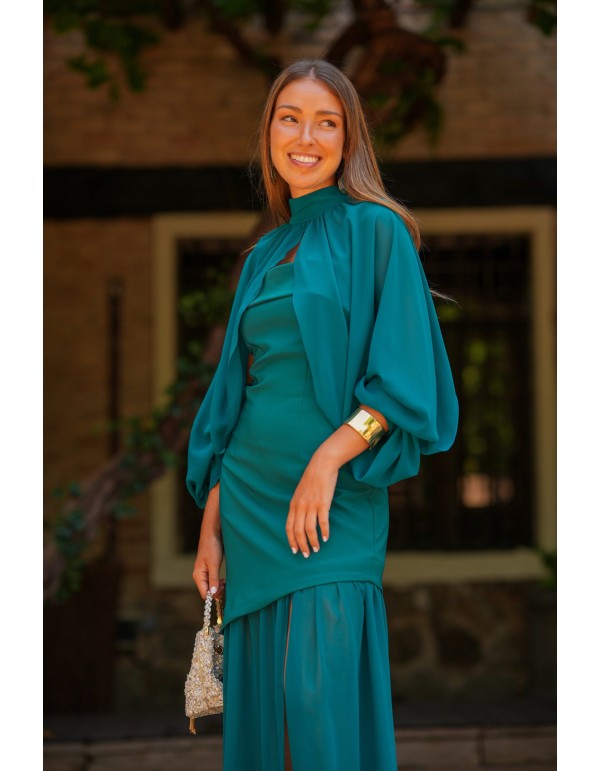 Vestido largo petróleo con falda de gasa y mangas desmontables 2