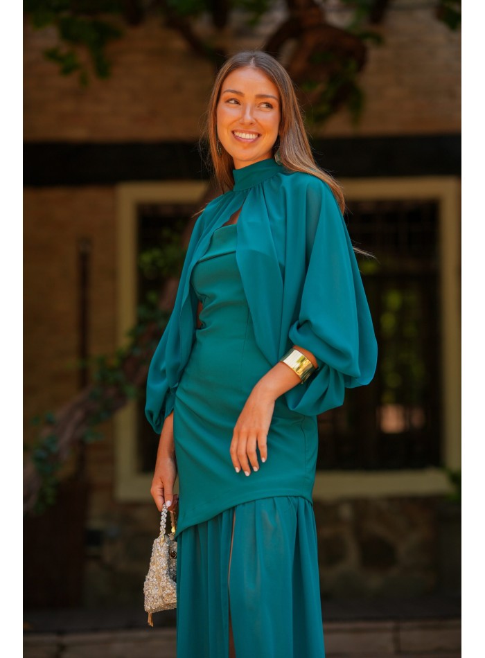 Vestido largo petróleo con falda de gasa y mangas desmontables para eventos