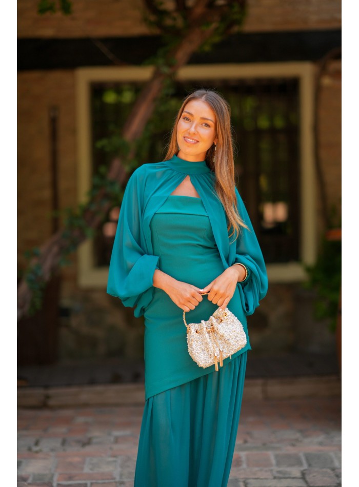 Vestido largo petróleo con falda de gasa y mangas desmontables para damas de honor