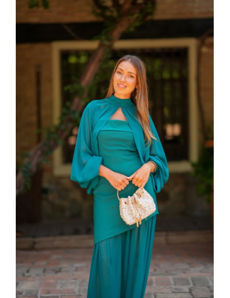 Petrol long dress with chiffon skirt and detachable sleeves