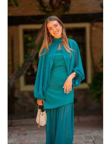 Vestido largo petróleo con falda de gasa y mangas desmontables para bodas de tarde Vestido largo petróleo con falda de gasa y mangas desmontables para bodas de tarde