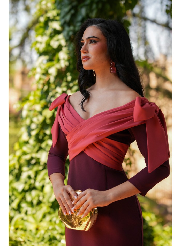 Eggplant midi dress with bandeu neckline and bows