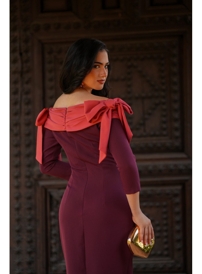 Eggplant midi dress with bandeu neckline and bows