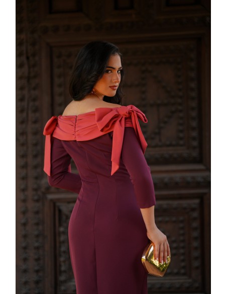 Eggplant midi dress with bandeu neckline and bows