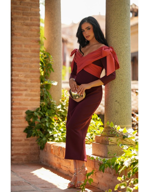 Eggplant midi dress with bandeu neckline and bows 2